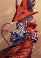 1girl alanscampos animal_ears armor ascot breastplate burmecian collarbone dragoon final_fantasy final_fantasy_ix freija_crescent furry furry_female green_eyes hair_over_one_eye hat high_collar highres jacket long_hair long_jacket looking_at_viewer mouse_ears mouse_tail red_jacket ribbon snout solo tail tail_ornament tail_ribbon white_hair