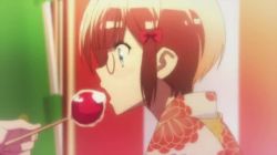 1boy 1girl animated anime_screenshot blue_eyes blush bokutachi_wa_benkyou_ga_dekinai brown_hair candy eating feeding food glasses hair_ornament heart hetero japanese_clothes kimono lollipop ogata_rizu open_mouth oral ribbon sexually_suggestive short_hair sound video yuiga_nariyuki yukata