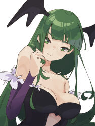 Rule 34 | black leotard, blunt bangs, breasts, cleavage, darkstalkers, green eyes, green hair, head wings, highres, leotard, long hair, looking at viewer, morrigan aensland, ooiwa (irc14786149), simple background, smile, strapless, strapless leotard, upper body, white background, wings