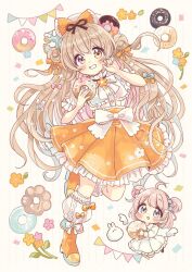 3girls beret blue_eyes blush boots bow brown_hair chibi commentary_request donut double_bun fold-over_boots food hair_bow hair_bun hat heterochromia highres holding holding_food long_hair loose_socks mini_person minigirl multiple_girls orange_boots orange_bow orange_skirt original pennant pink_hair pleated_skirt puffy_short_sleeves puffy_sleeves purple_eyes sakura_oriko shirt short_sleeves skirt smile socks standing standing_on_one_leg string_of_flags very_long_hair white_bow white_hat white_shirt white_socks yellow_eyes