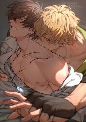 2boys absurdres adversarial_noise anal bare_pectorals bed_sheet biting black_gloves black_shirt blonde_hair blush broken_necklace brown_eyes brown_hair clenched_teeth collarbone collared_shirt crying crying_with_eyes_open crystal crystal_necklace eiden_(nu_carnival) fang fingerless_gloves gloves hair_between_eyes highres holding_hands implied_sex interlocked_fingers jewelry looking_at_another lying male_focus miyamoyan multiple_boys muscular muscular_male neck_biting necklace nipples nu_carnival off_shoulder on_bed on_stomach open_clothes open_shirt pectorals quincy_(nu_carnival) red_eyes saliva sex sex_from_behind shirt short_hair single_bare_shoulder smile sweat tears teeth twitter_username upper_body watermark white_shirt yaoi
