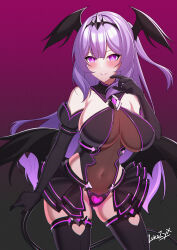 1girl absurdres bare_shoulders black_gloves black_skirt black_thighhighs blush breasts corruption covered_navel cowboy_shot dark_persona demon_girl demon_tail demon_wings elbow_gloves gloves gradient_background head_wings highres kouyoku_senki_exs-tia large_breasts leiva leotard liberator_(kouyoku_senki_exs-tia) long_hair looking_at_viewer low_wings mole original parted_lips pubic_tattoo purple_eyes purple_hair skirt smile solo tail tattoo thighhighs wings