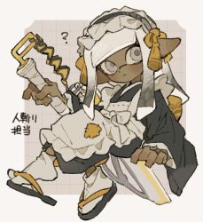 Rule 34 | 1girl, apron, black hair, black kimono, blunt bangs, bow, closed mouth, commentary request, dark-skinned female, dark skin, expressionless, frilled apron, frills, full body, hair bow, highres, holding, holding weapon, inkling, inkling girl, inkling player character, invisible chair, japanese clothes, kimono, long hair, long pointy ears, long sleeves, maid, maid headdress, multicolored hair, nintendo, orange bow, p0m4 p0m4, pointy ears, sandals, sitting, solo, splatana wiper (splatoon), splatoon (series), tabi, tentacle hair, two-tone hair, wa maid, weapon, white apron, white eyes, white hair, wide sleeves, zouri