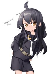 1girl absurdres ahoge belt black_hair black_sailor_collar black_serafuku black_shirt black_skirt brown_eyes crescent crescent_pin dated grey_belt hand_on_own_hip highres kantai_collection leaning_forward long_hair long_sleeves looking_at_viewer maru_(marg0613) mikazuki_(kancolle) neckerchief sailor_collar school_uniform serafuku shirt simple_background skirt solo twitter_username white_background white_neckerchief