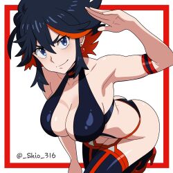 1girl aged_up armpits black_hair blue_eyes breasts cleavage garter_straps highres kill_la_kill large_breasts lingerie matoi_ryuuko midriff multicolored_hair red_hair revealing_clothes shio_(zsp1jqohfr12495) short_hair solo streaked_hair two-tone_hair underwear