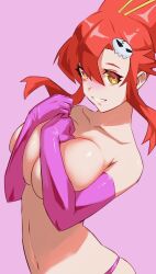 1girl bikini breasts cleavage collarbone covering_breasts covering_privates elbow_gloves gloves hair_ornament hair_stick highres large_breasts long_hair looking_at_viewer navel no_shirt panties pink_gloves pink_panties ponytail red_hair skull_hair_ornament smile solo swimsuit tengen_toppa_gurren_lagann topless_female underwear ura_dora yellow_eyes yoko_littner
