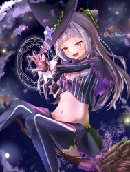 capelet commentary_request hat highres hololive magic magical_girl midriff murasaki_shion murasaki_shion_(1st_costume) navel nekono_rion night night_sky orange_eyes skirt sky witch_hat