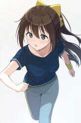 1girl absurdres blue_eyes blue_pants blue_shirt blush breasts commentary hair_ribbon highres long_hair love_live! love_live!_nijigasaki_high_school_idol_club medium_breasts open_mouth osaka_shizuku pants ponytail ribbon running shirt solo sweat sweatpants tata_(tataice) wristband yellow_ribbon