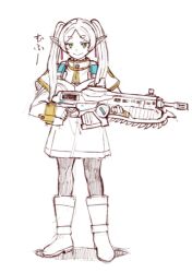 Rule 34 | 1girl, black pantyhose, boots, capelet, crossover, dress, frieren, gears of war, green eyes, gun, hair behind ear, holding, holding gun, holding weapon, kin-san (sasuraiga), lancer (gears of war), long pointy ears, pantyhose, parted bangs, pointy ears, short eyebrows, smile, solo, sousou no frieren, twintails, weapon, white boots, white capelet, white dress