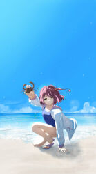 1girl absurdres animal beach blue_one-piece_swimsuit blue_sky chinese_commentary closed_mouth commentary_request crab day full_body fuyu_no_uso_ssd hair_bobbles hair_ornament highres holding holding_animal holding_crab hood hoodie horizon komari_chika long_sleeves looking_at_viewer make_heroine_ga_oo_sugiru! ocean one-piece_swimsuit one_side_up purple_sandals red_hair sand sandals shore short_hair sky solo squatting swimsuit water white_hoodie yellow_eyes