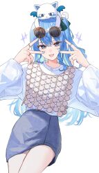 Rule 34 | 1girl, :d, absurdres, alternate costume, asymmetrical sidelocks, blue eyes, blue hair, blue ribbon, blue skirt, colored inner hair, commentary request, cowboy shot, creature on head, double-parted bangs, double v, eyewear on head, green ribbon, hair between eyes, hair ribbon, highres, hololive, hoshimachi suisei, jewelry, long hair, long sleeves, looking at viewer, miniskirt, multicolored hair, multiple rings, official alternate hair length, official alternate hairstyle, one side up, open mouth, pencil skirt, puffy long sleeves, puffy sleeves, ribbon, ring, round eyewear, shirt, shirt tucked in, sidelocks, simple background, skirt, smile, solo, star (symbol), star in eye, symbol in eye, tagosaku (tatsukiuma0329), takoyaki (hoshimachi suisei), v, virtual youtuber, white background, white shirt, yellow-framed eyewear