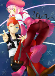 00s 1boy 1girl artist_request ass bent_over beret blue_eyes blush boots earrings from_behind gaignun_kukai_jr. hair_ornament hairclip hat highres jacket jewelry jr. looking_at_viewer looking_back momo_mizrahi one_eye_closed open_mouth panties panties_under_pantyhose pantyhose pink_hair red_hair ribbon short_hair skirt smile underwear upskirt xeno_(series) xenosaga xenosaga_episode_iii yellow_eyes