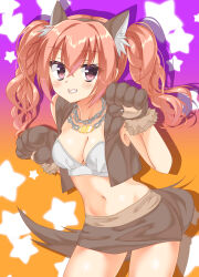 Rule 34 | 1girl, animal ear hairband, animal ears, animal hands, blush, bra, breasts, brown hairband, brown skirt, chain, chain necklace, cleavage, commentary request, cowboy shot, crossed bangs, drop shadow, eyelashes, eyes visible through hair, fake animal ears, fake tail, fuyukichi (nikoniko1567), gloves, gradient background, grin, hair between eyes, hairband, halloween, halloween costume, hands up, happy, highres, inaba meguru, jewelry, long hair, looking at viewer, medium breasts, miniskirt, navel, necklace, official alternate costume, orange background, orange hair, paw gloves, paw pose, purple background, red eyes, sanoba witch, sidelocks, simple background, skirt, smile, solo, star (symbol), stomach, tail, twintails, underwear, werewolf costume, white bra, wolf ears, wolf tail