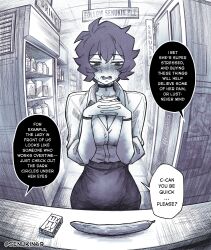 1girl absurdres artist_name averting_eyes blush bottle breasts choker cleavage commentary cucumber double-parted_bangs durex english_commentary english_text greyscale hands_up highres kin_(senukin) large_breasts logo_parody looking_down monochrome my_co-worker_is_an_eldritch_x open_mouth own_hands_together peanut_mouth senukin shelf shirt short_hair skirt solo_focus speech_bubble sweat wristband