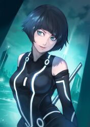 1girl black_bodysuit black_hair black_sky black_sleeves blue_eyes bodysuit breasts building city commentary highres kagyu_nakamura lips medium_breasts nose quorra short_hair sky skyscraper sleeveless sleeveless_bodysuit solo stick tron tron:_legacy