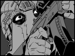 1boy arms_up black_border border call_of_duty call_of_duty:_modern_warfare_2 commentary covered_face dtonly_vl greyscale gun helmet holding holding_gun holding_weapon konig_(call_of_duty) korean_commentary male_focus mask monochrome portrait solid_oval_eyes solo weapon