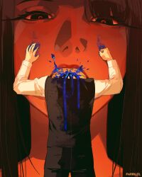 Rule 34 | 1girl, 1other, artist name, black eyes, black pants, black vest, blood, blood on clothes, blood on face, blue blood, brown hair, cannibalism, clenched hand, colored skin, commentary, decapitation, english commentary, hands up, highres, long hair, long sleeves, looking at another, orange skin, original, pants, par0llel, shirt, size difference, surreal, tuxedo, vest, white shirt