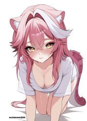 all_fours alternate_costume animal_ears blush breasts cleavage closed_mouth hair_between_eyes hair_intakes hashtag-only_commentary highres hololive hololive_english large_breasts looking_at_viewer meichan multicolored_hair panther_ears panther_girl panther_tail pink_fur pink_hair raora_panthera shirt short_sleeves sidelocks simple_background smile solo sweatdrop tail virtual_youtuber white_background white_hair white_shirt yellow_eyes