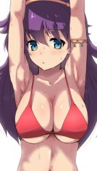1girl armpits arms_up athena_(series) bikini blue_eyes blush breasts cleavage large_breasts long_hair looking_at_viewer navel open_mouth princess_athena purple_hair red_bikini snk sweat swimsuit underboob