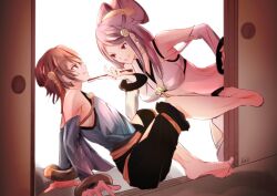 Rule 34 | 1boy, 1girl, atoatto, fire emblem, fire emblem fates, hair comb, hand fan, hayato (fire emblem), navel, nintendo, onmyoji, orochi (fire emblem), purple eyes, purple hair, sliding doors