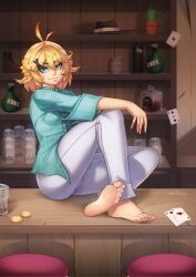 1girl ahoge alcohol aqua_eyes aqua_shirt artist_name bar_(place) barefoot blonde_hair breasts card closed_mouth coin collared_shirt commentary cup dokibird_(vtuber) dokibird_(vtuber)_(bounty_hunter) english_commentary feet gold_coin hair_between_eyes hair_ornament highres indie_virtual_youtuber indoors knee_up legs looking_at_viewer medium_hair on_counter pants playing_card shadow shirt signature sitting small_breasts soles solo striped_clothes striped_shirt toenails toes virtual_youtuber white_pants x_hair_ornament yaseipaisley
