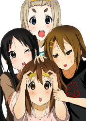 akiyama_mio alternate_hairstyle bad_id bad_pixiv_id black_eyes black_hair blonde_hair blue_eyes blush brown_eyes brown_hair denchuu food hair_ornament hairband hairclip hirasawa_yui ho-kago_tea_time k-on! kotobuki_tsumugi laughing long_hair multiple_girls open_mouth radish raised_eyebrow round_teeth shirt short_hair sweat t-shirt tainaka_ritsu tears teeth twintails