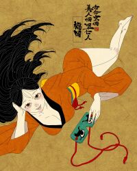1girl absurdres annotated arm_support artist_logo barefoot black_hair breasts cleavage fukuoka_prefecture highres holding holding_mask japanese_clothes kimono logo long_hair looking_at_viewer lying mask obi orange_kimono original sash sei5osuzuki solo wide_sleeves
