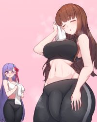 1futa 1girl bb_(fate) bow bowtie breasts brown_hair bulge fate/grand_order fate_(series) flaccid futa_with_female futanari hair_ornament highres kishinami_hakuno_(female) large_breasts large_penis long_hair looking_at_penis looking_at_viewer multiple_girls pants penis penis_awe purple_eyes purple_hair rikuguma surprised sweat towel yoga_pants