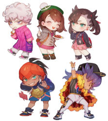 Rule 34 | 2girls, 3boys, :d, aqua eyes, arm up, asymmetrical bangs, backpack, bag, baseball cap, bede (pokemon), black footwear, black hair, black headwear, black jacket, blue shorts, brown eyes, brown footwear, brown hair, cape, cardigan, charizard pose, chibi, claw pose, closed eyes, coat, dark-skinned male, dark skin, dress, earrings, fang, food, fork, full body, fur-trimmed cape, fur trim, gen 4 pokemon, gloria (pokemon), gloves, green headwear, grey cardigan, grin, gym leader, hair ribbon, hand in pocket, hat, holding, holding fork, holding plate, hood, hood up, hoodie, jacket, jewelry, leon (pokemon), long hair, marnie (pokemon), multiple boys, multiple girls, nintendo, open clothes, open jacket, open mouth, pink dress, plate, pokemon, pokemon (creature), pokemon swsh, pom pom (clothes), purple coat, purple eyes, purple hair, raihan (pokemon), red ribbon, ribbon, rotom, rotom phone, shoes, short hair, shorts, simple background, smile, sneakers, sportswear, swept bangs, tam o&#039; shanter, twintails, w, watch, wavy hair, white background, white hair, wristwatch, yellow eyes, zuizi