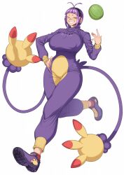 ambipom ankle_socks antenna_hair breasts covered_erect_nipples earphones food fruit full_body gen_4_pokemon grin hand_on_own_hip highres huge_breasts melon multiple_tails nintendo pajamas personification pokemon purple_eyes purple_pajamas red_socks shoes short_hair sidelocks smile sneakers socks spacezin tail two_tails white_background