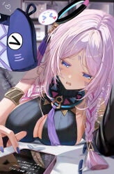 1girl absurdres armlet artist_name blunt_tresses blurry blurry_background blush braided_sidelock breasts citlali_(genshin_impact) cleavage cleavage_cutout clothing_cutout facial_mark fingernails floating_headgear forehead_mark genshin_impact hair_intakes highres indoors jewelry kabu_usagi large_breasts looking_at_phone nail_polish open_mouth phone pink_hair pink_pupils purple_eyes ring_hair_ornament signature leotard sleeveless_turtleneck_leotard translation_request triangle triangle_facial_mark