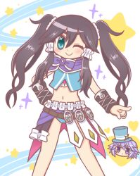 Rule 34 | 2girls, ;), bad id, bad twitter id, black hair, blue eyes, blush, borrowed clothes, chibi, feet out of frame, hand on own hip, hat, hozumi shizuku, long hair, looking at viewer, magia record: mahou shoujo madoka magica gaiden, mahou shoujo madoka magica, mariko ayaka, multiple girls, navel, one eye closed, purple hair, reverse (bluefencer), smile, solo focus, standing, star (symbol), top hat, twintails