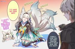 Rule 34 | &gt; &lt;, 1boy, 1girl, ^ ^, afterimage, animal ears, aqua dress, aqua skirt, black gloves, black jacket, black thighhighs, blouse, blue ribbon, blush, bridal gauntlets, brown hairband, brown jacket, caelus (honkai: star rail), closed eyes, commentary, cropped jacket, dress, english commentary, english text, fingerless gloves, firefly (honkai: star rail), fox ears, fox girl, fox tail, gloves, gold trim, gradient tail, hair between eyes, hair ornament, hair ribbon, hairband, hard-translated, highres, honkai: star rail, honkai (series), jacket, kemonomimi mode, kneeling, long hair, mefuichi, neckerchief, nervous sweating, open mouth, orange neckerchief, pointing, pointing at another, ribbon, shirt, single bridal gauntlet, skirt, speech bubble, sweat, tail, thighhighs, third-party edit, third-party source, trailblazer (honkai: star rail)