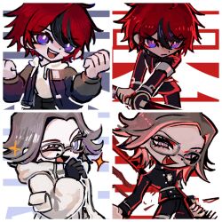 2boys aotsuki_eito black_gloves black_hair blue_background blue_eyes glasses gloves hair_between_eyes highres holding holding_sword holding_weapon looking_at_viewer multicolored_eyes multicolored_hair multiple_boys multiple_views open_mouth parted_hair red_background red_eyes red_hair simple_background sumino_takumi sword teeth the_hundred_line_-last_defense_academy- upper_teeth_only weapon white_background white_hair