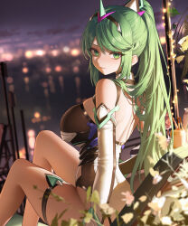 1girl back bare_shoulders black_leotard blurry blurry_background bodysuit breasts city cityscape closed_mouth commentary depth_of_field green_eyes green_hair high_ponytail highres impossible_bodysuit impossible_clothes knees_up large_breasts leotard long_hair looking_at_viewer multicolored_leotard night pneuma_(xenoblade) ponytail sitting skindentation solo swept_bangs thighs very_long_hair white_leotard xenoblade_chronicles_(series) xenoblade_chronicles_2 xzu