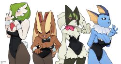 4girls :3 absurdres animal_nose arm_at_side arm_behind_back arm_up artist_name averting_eyes bare_shoulders black_bow black_bowtie black_fur black_leotard black_pantyhose black_sclera blue_skin bob_cut body_fur bow bowtie breasts brown_fur buck_teeth cat_girl cleavage closed_mouth clothed_pokemon collarbone colored_sclera colored_skin constricted_pupils cowboy_shot dated detached_collar embarrassed fake_tail female_focus finger_counting fins furry furry_female gardevoir gen_1_pokemon gen_3_pokemon gen_4_pokemon green_fur green_hair hair_over_one_eye half-closed_eyes hand_on_own_chest hand_on_own_hip hands_up happy head_fins highres index_finger_raised large_breasts leaning_forward leotard looking_at_viewer looking_down lopunny medium_breasts meowscarada multiple_girls nintendo one_eye_covered open_mouth pantyhose parted_lips personification playboy_bunny pokemon pokemon_(creature) rabbit_ears rabbit_girl rabbit_tail red_eyes ryu_(ryuwanshoy) short_hair shy simple_background small_breasts smile split_mouth standing strapless strapless_leotard tail teeth thighs traditional_bowtie two-tone_fur vaporeon watermark wavy_eyes wavy_mouth white_background white_eyes white_skin wrist_cuffs yellow_fur