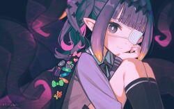 1girl black_coat black_ribbon black_socks blunt_bangs blurry blurry_background blurry_foreground bright_pupils buttons closed_mouth coat coat_on_shoulders collared_shirt colored_inner_hair commentary dark_background diamond_hairband eyepatch gradient_hair hair_ornament hand_on_own_face hashtag-only_commentary headpiece hololive hololive_english kneehighs knees_up lapel_pin leaning_forward light_blush looking_at_viewer medical_eyepatch medium_hair multicolored_hair ninomae_ina&#039;nis ninomae_ina&#039;nis_(school_uniform) official_alternate_costume official_alternate_hairstyle orange_hair pink_hair pointy_ears ponytail purple_eyes purple_hair purple_sweater renkkai ribbon school_uniform shirt side_ponytail sidelocks sitting smile socks solo sweater takodachi_(ninomae_ina&#039;nis) tentacle_hair tentacles v-neck virtual_youtuber watermark white_pupils white_shirt