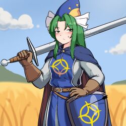 Rule 34 | 1girl, alternate costume, arrow (projectile), belt, blue cape, blue sky, blue tabard, brown belt, brown gloves, cape, cloud, commentary, day, ehehe52921343, english commentary, gloves, green eyes, green hair, hat, highres, holding, holding sword, holding weapon, korean commentary, long hair, looking at viewer, mima (touhou), mixed-language commentary, outdoors, over shoulder, red cape, shield, sky, solo, sun print, sweatdrop, sword, sword over shoulder, tabard, touhou, touhou (pc-98), two-sided cape, two-sided fabric, weapon, weapon over shoulder, wizard hat