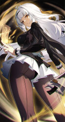 1girl absurdres ahoge ass black_background black_panties black_pantyhose black_shirt breasts commentary_request frilled_skirt frills from_behind from_below hair_ornament highres holding_ofuda large_breasts light_trail long_hair long_sleeves looking_at_viewer miniskirt official_alternate_costume panties panties_under_pantyhose pantyhose shali shirt single_hair_intake skirt solo standing thighs underwear very_long_hair white_hair white_skirt yellow_eyes yixuan_(trails_of_ink)_(zenless_zone_zero) yixuan_(zenless_zone_zero) zenless_zone_zero