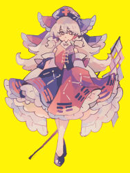Rule 34 | 1girl, adapted costume, bow, commentary request, constellation print, cross, detached sleeves, frilled bow, frills, fusion, gohei, grey hair, hair bow, hakurei reimu, hat, highres, long hair, looking at viewer, multicolored skirt, nurse cap, purple bow, purple hat, purple skirt, ratto (mobilis 1870), red bow, red cross, red skirt, shoes, simple background, skirt, solo, touhou, very long hair, yagokoro eirin, yellow background