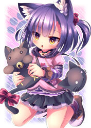 Rule 34 | 1girl, animal ears, bag, bastet lore, black skirt, blue hair, boots, cat ears, cat girl, cat tail, emil chronicle online, frilled skirt, frills, highres, holding, pink shirt, shirt, skirt, striped clothes, striped shirt, tail, yellow eyes, yupi828