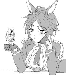 Rule 34 | 1girl, ahoge, animal ears, breasts, breasts apart, center frills, center opening, character doll, closed mouth, collared shirt, doll, ear ornament, elbow rest, frills, fuji kiseki (umamusume), gloves, greyscale, horse ears, jacket, jungle pocket (umamusume), long sleeves, monochrome, necktie, shirt, short hair, small breasts, smile, split mouth, umamusume, upper body, zn242878163