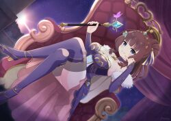 1girl artist_name assault_lily bare_shoulders blue_eyes blue_gemstone blunt_bangs brown_hair closed_mouth collar commentary_request crossed_legs curtains detached_sleeves dress dutch_angle elbow_rest evening feet_out_of_frame fur_trim gem gem_hair_ornament hair_bun hair_ornament hair_ribbon hairclip half_updo hand_on_own_cheek hand_on_own_face hands_up high_heels holding holding_wand indoors jewelry kaede_johan_nouvel long_hair long_sleeves necklace official_alternate_costume official_alternate_hairstyle pendant piatin purple_collar purple_dress purple_ribbon purple_shoes purple_thighhighs ribbon shoes sidelocks single_hair_bun sitting sitting_on_throne sleeves_past_wrists smile solo star_(sky) strapless strapless_dress striped_ribbon sunset thighhighs throne tiara wand