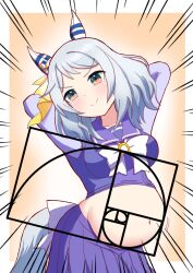 1girl animal_ears bow breasts ear_covers ear_ribbon fibonacci_sequence golden_spiral grey_hair hair_ornament heppokottmg highres hishi_miracle_(umamusume) horse_ears horse_girl horse_tail looking_at_viewer medium_breasts medium_hair school_uniform smile solo tail tracen_school_uniform umamusume