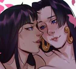 2girls boa_hancock dark-skinned_female dark_skin earrings highres implied_sex jewelry looking_at_another multiple_girls nico_robin one_piece upper_body valentina_tavolilla yuri