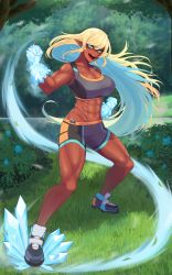 1girl abs absurdres blonde_hair blue_eyes blurry blurry_background breasts buttslayer commission dark-skinned_female dark_skin day elf full_body grass hair_between_eyes highres large_breasts long_hair looking_at_viewer muscular muscular_female navel open_mouth original outdoors pointy_ears shadow shorts solo sports_bra standing teeth tongue tree two-tone_sports_bra very_long_hair