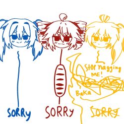 3girls :| ahoge akita_neru baguette blush bread closed_mouth drill_hair english_text food hatsune_miku head_only highres hirukoyuki850 kasane_teto lineart meme multiple_girls side_ponytail smile sorry_line_(meme) twin_drills twintails utau vocaloid white_background