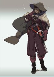 1girl absurdres akaneko_(redakanekocat) armor bag belt boots brown_belt brown_gloves brown_hair cape capelet closed_mouth commentary_request full_body fur_cape gloves hand_up highres hood hooded_capelet leather_armor original pixiv_fantasia pixiv_fantasia_last_saga rudia_of_the_moon_smile shaded_face sheath sheathed short_hair smile snowing solo sword weapon