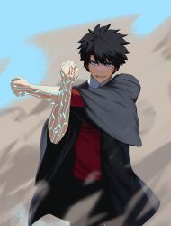 1boy black_hair black_robe blue_eyes command_spell dust_cloud fate/grand_order fate_(series) fujimaru_ritsuka_(male) fujimaru_ritsuka_(male)_(mage&#039;s_association_uniform) glowing_arm highres male_focus paperpillar red_sweater robe smile stretching sweater wide_sleeves