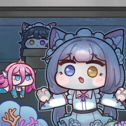 3girls :&lt; against_glass animal_ear_fluff animal_ears animal_hands aquarium black_hair blue_eyes box bulga cardboard_box cat_ears cat_girl cat_paws chibi coral crown fang grey_hair heterochromia last_origin long_hair long_sleeves low_twintails lowres maid maid_headdress mermaid mole mole_under_mouth monster_girl multiple_girls no_mouth official_alternate_costume perrault_(last_origin) poi_(last_origin) purple_eyes scarabya_(last_origin) twintails yellow_eyes